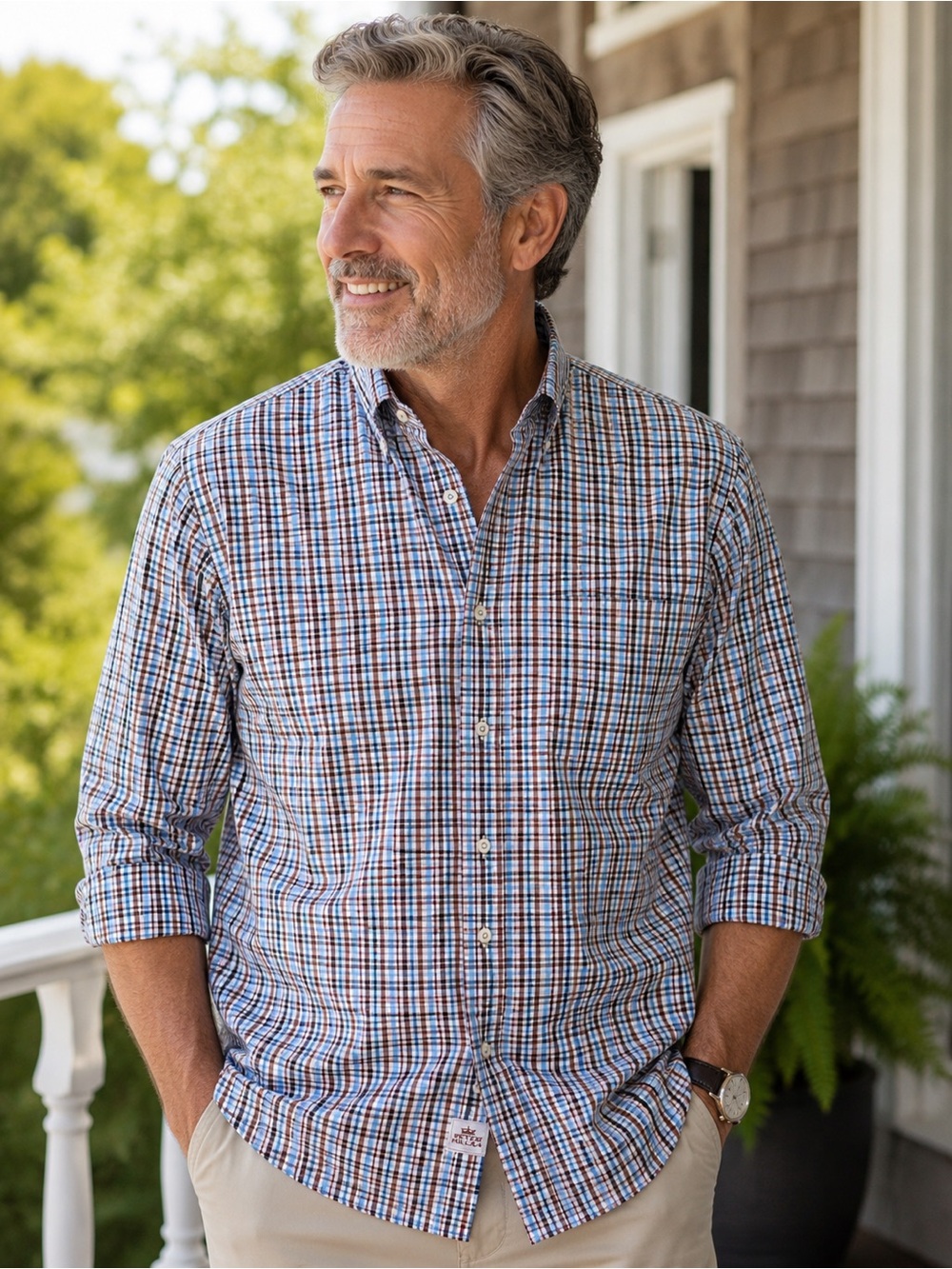 Peter Millar Blue and Brown Plaid Button-Down Shirt